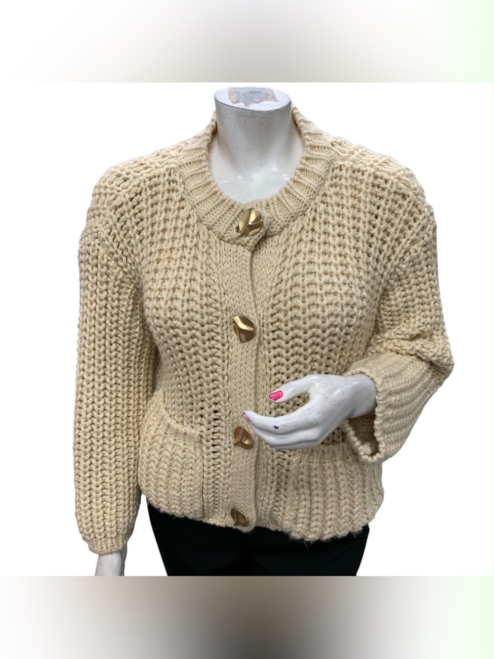 Zara Cream Chunky Knit Cardigan with Gold Buttons Size L